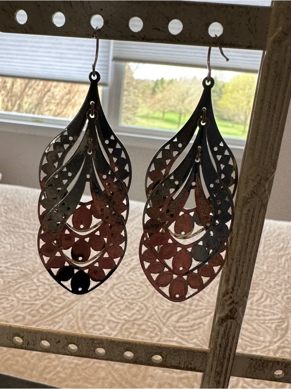 Intricate Filigree Teardrop Earrings - Antiqued Silver Tone - Picture 2 of 4